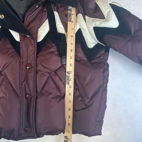 COACH Puffer Jacket Women's Winter Coat Burgundy Zigzag Sherpa Hood Cozy - Picture 6 of 6